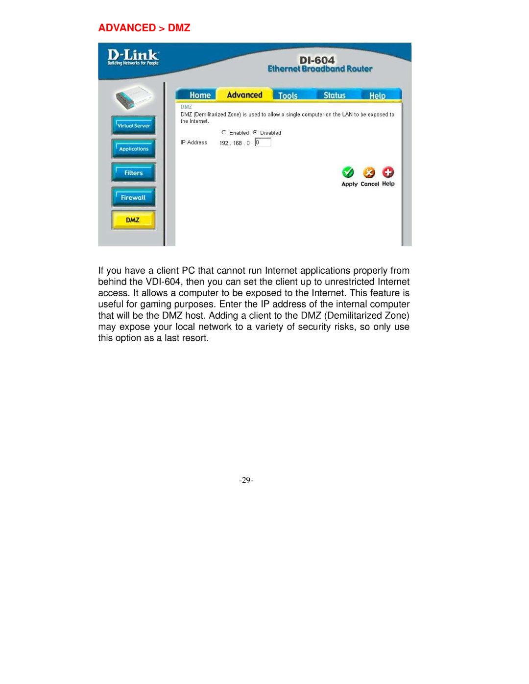 D-Link VDI-604 manual Advanced DMZ 