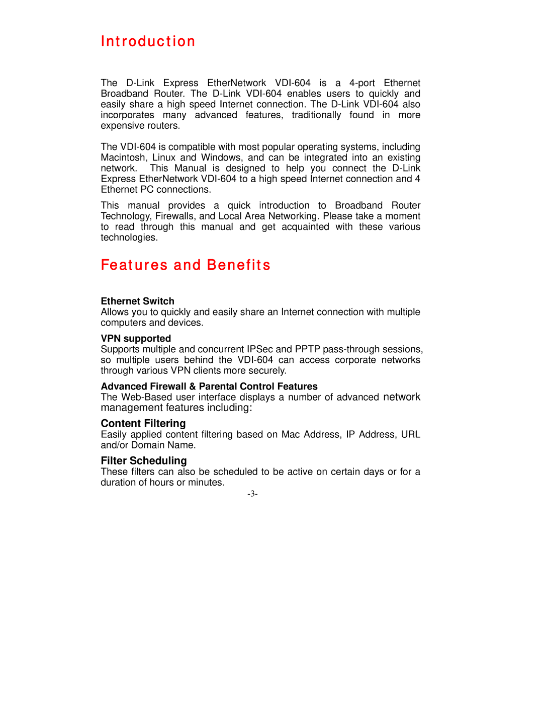 D-Link VDI-604 manual Introduction, Features and Benefits, Content Filtering, Filter Scheduling 
