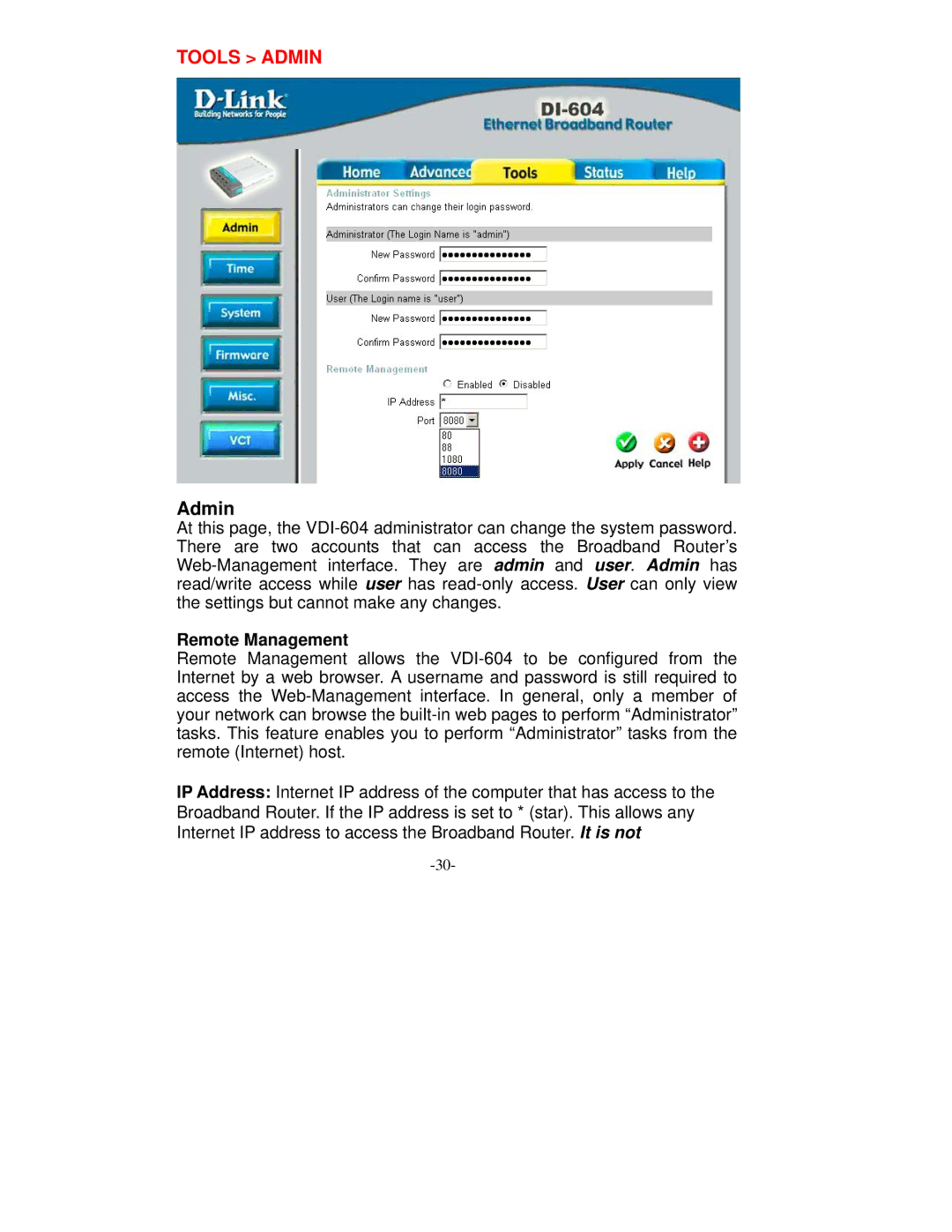 D-Link VDI-604 manual Tools Admin, Remote Management 