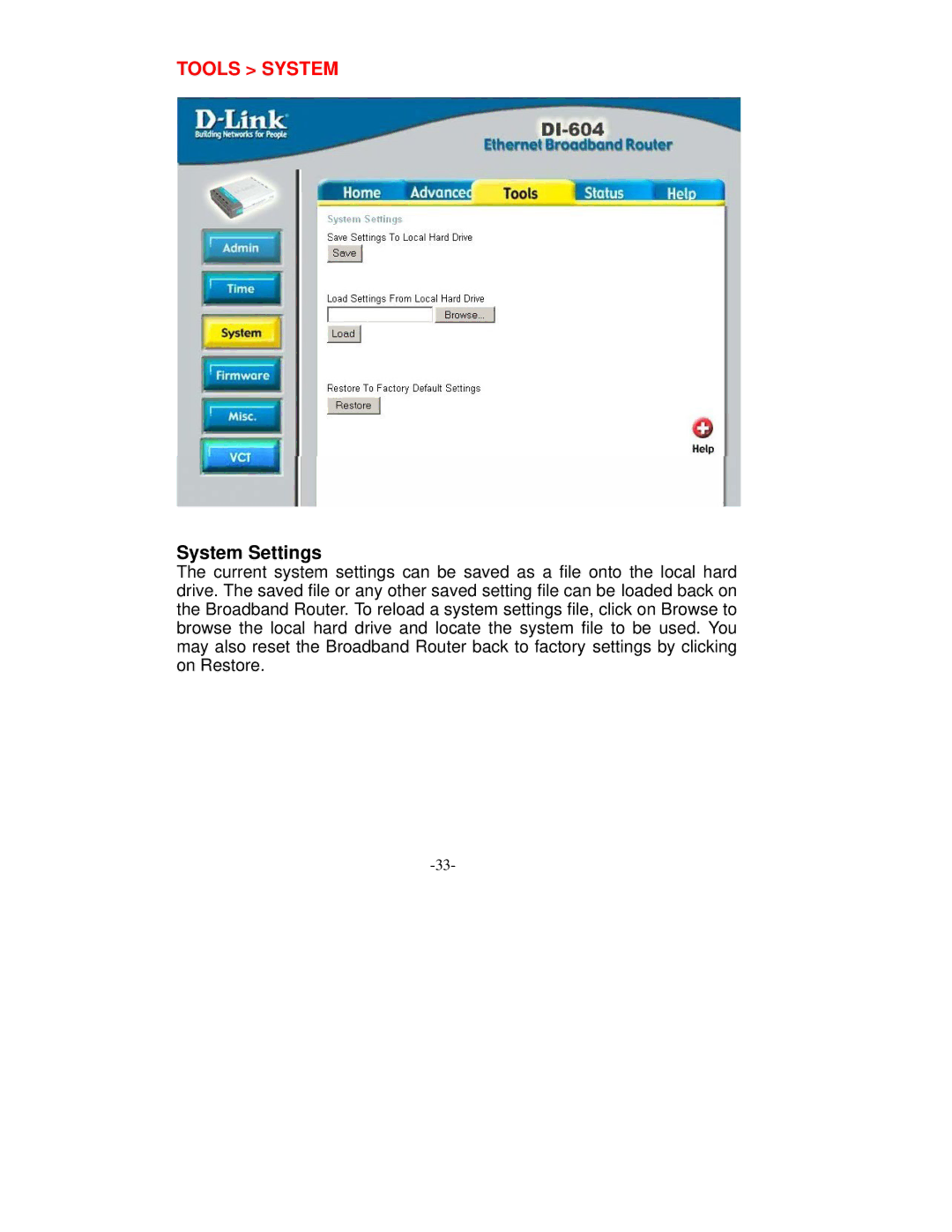 D-Link VDI-604 manual Tools System, System Settings 