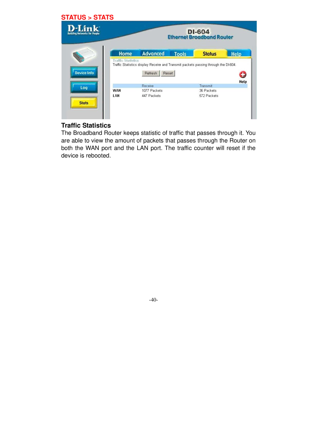 D-Link VDI-604 manual Status Stats, Traffic Statistics 