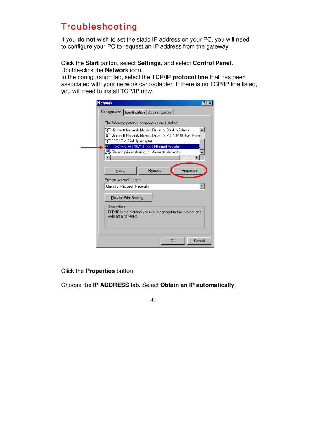 D-Link VDI-604 manual Troubleshooting, Choose the IP Address tab. Select Obtain an IP automatically 