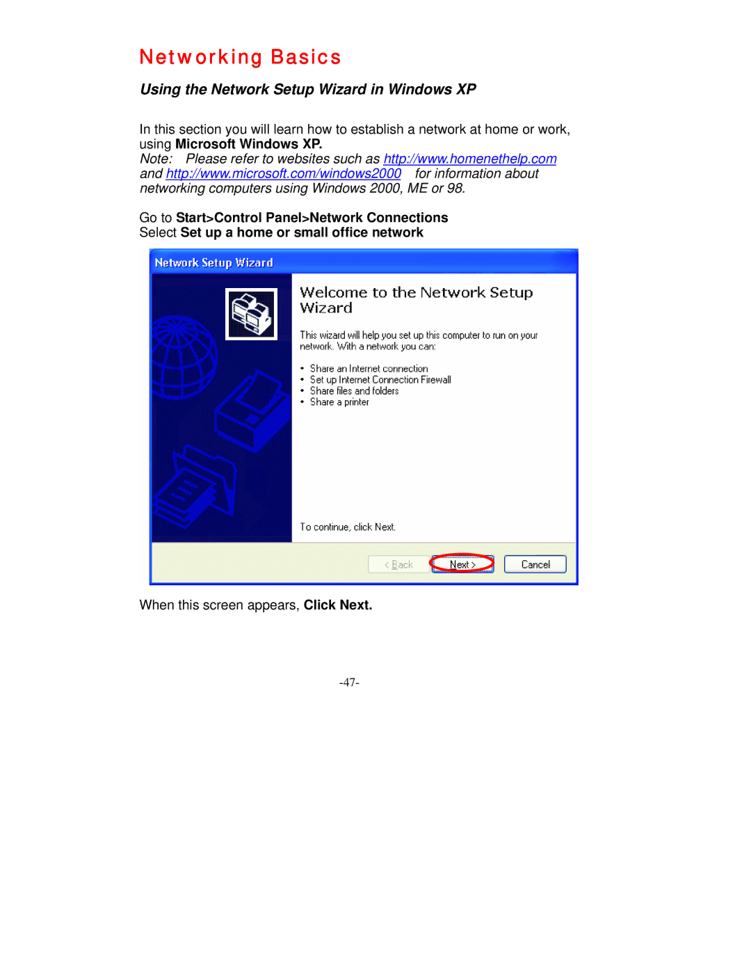 D-Link VDI-604 manual Networking Basics, Using the Network Setup Wizard in Windows XP 