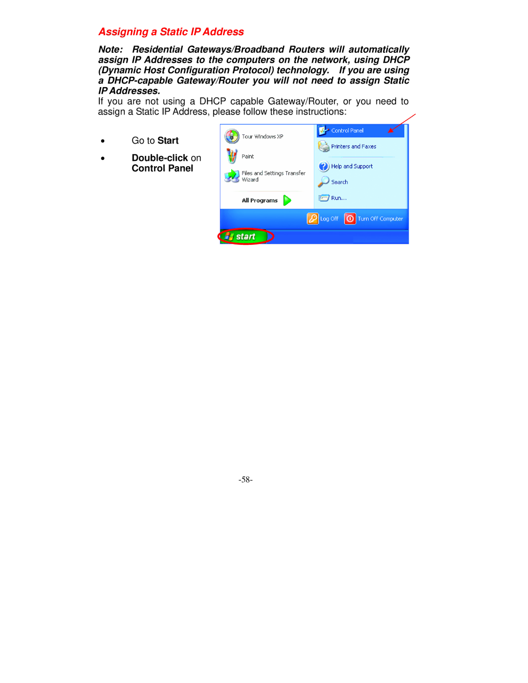 D-Link VDI-604 manual Assigning a Static IP Address, Double-click on Control Panel 