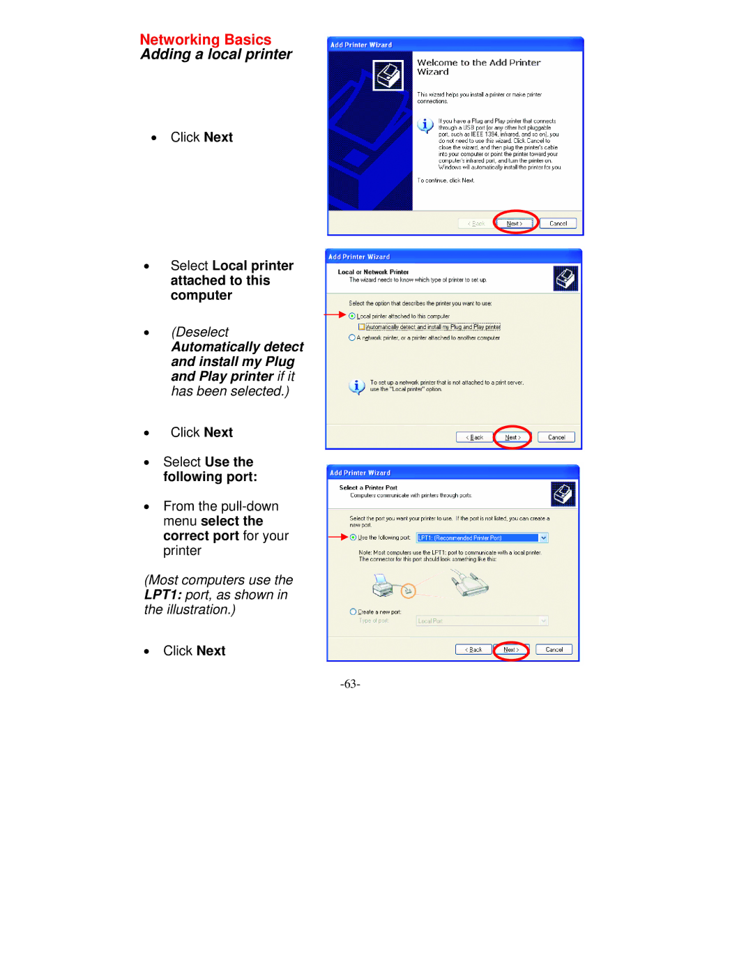 D-Link VDI-604 manual Select Use the following port, Correct port for your printer 