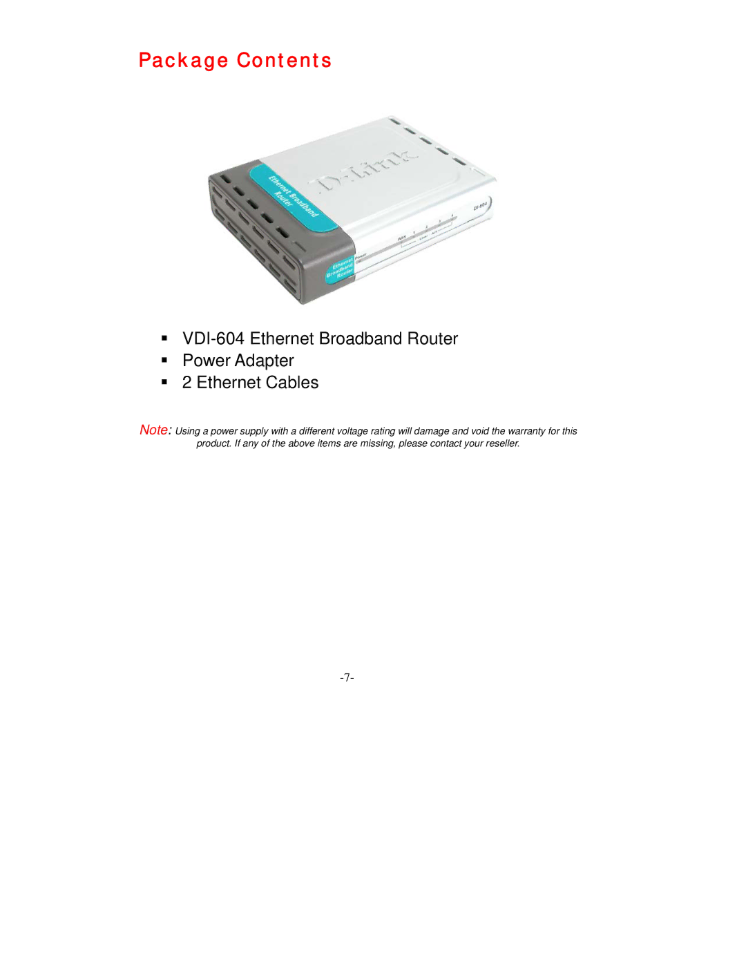 D-Link VDI-604 manual Package Contents 