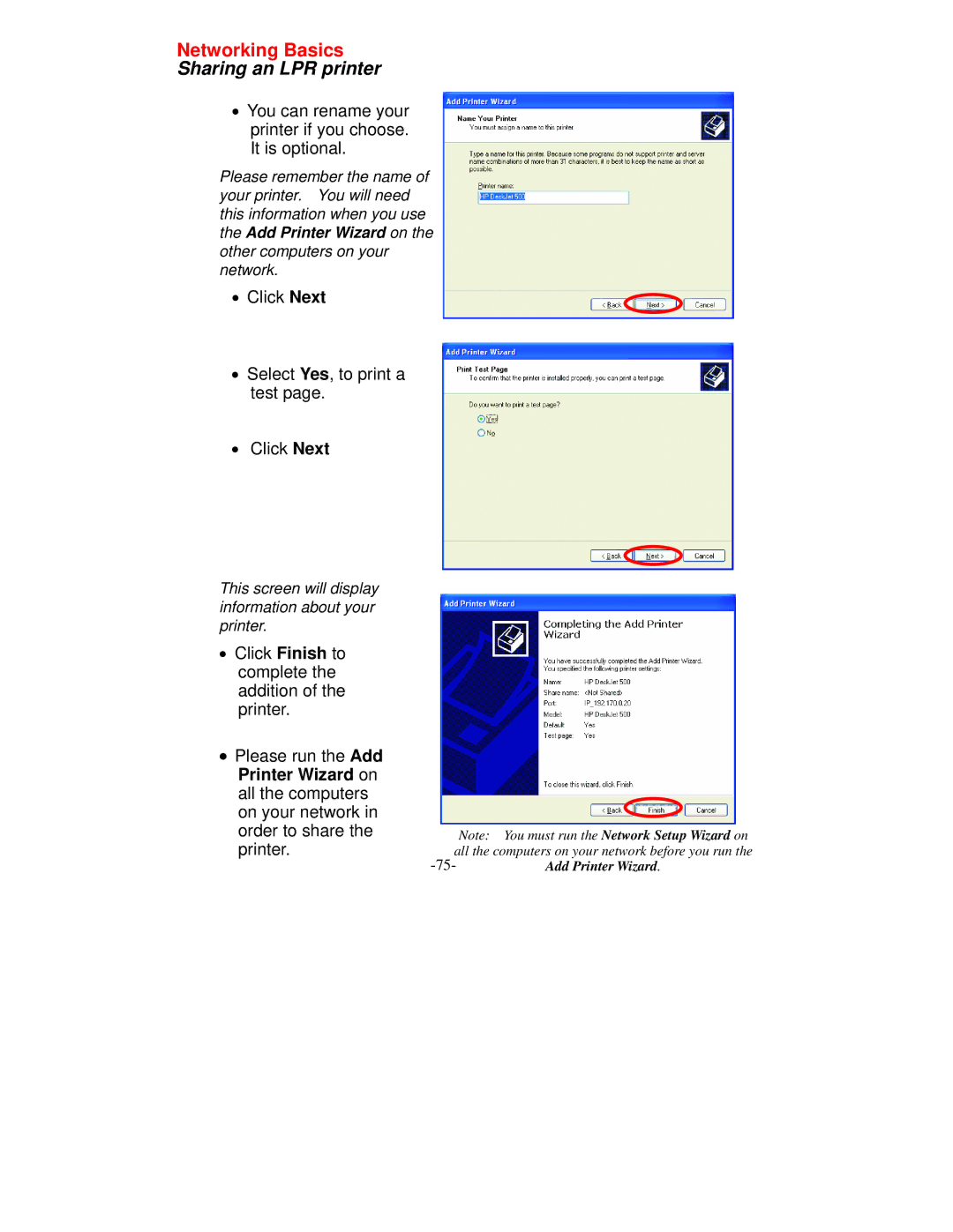 D-Link VDI-604 manual Networking Basics Sharing an LPR printer, Click Finish to complete the addition of the printer 