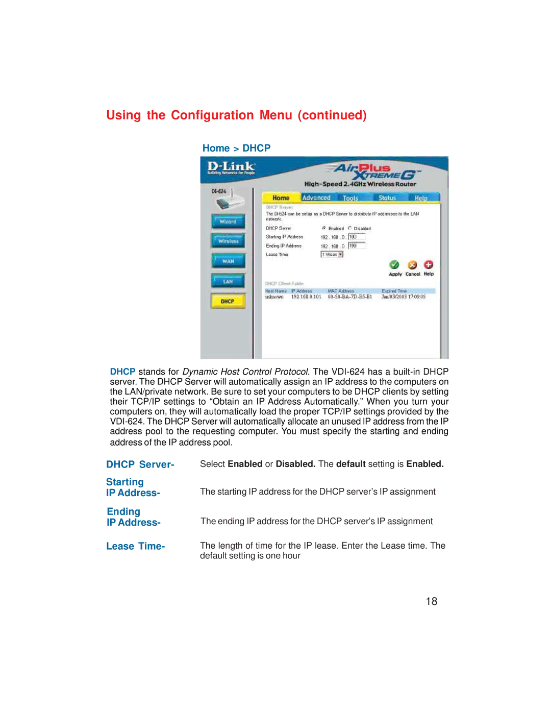 D-Link VDI-624 manual Home Dhcp, Dhcp Server, Starting, Ending, Lease Time 