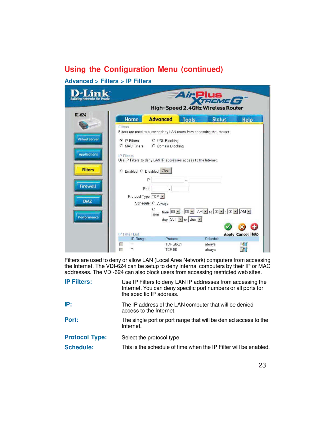 D-Link VDI-624 manual Advanced Filters IP Filters 