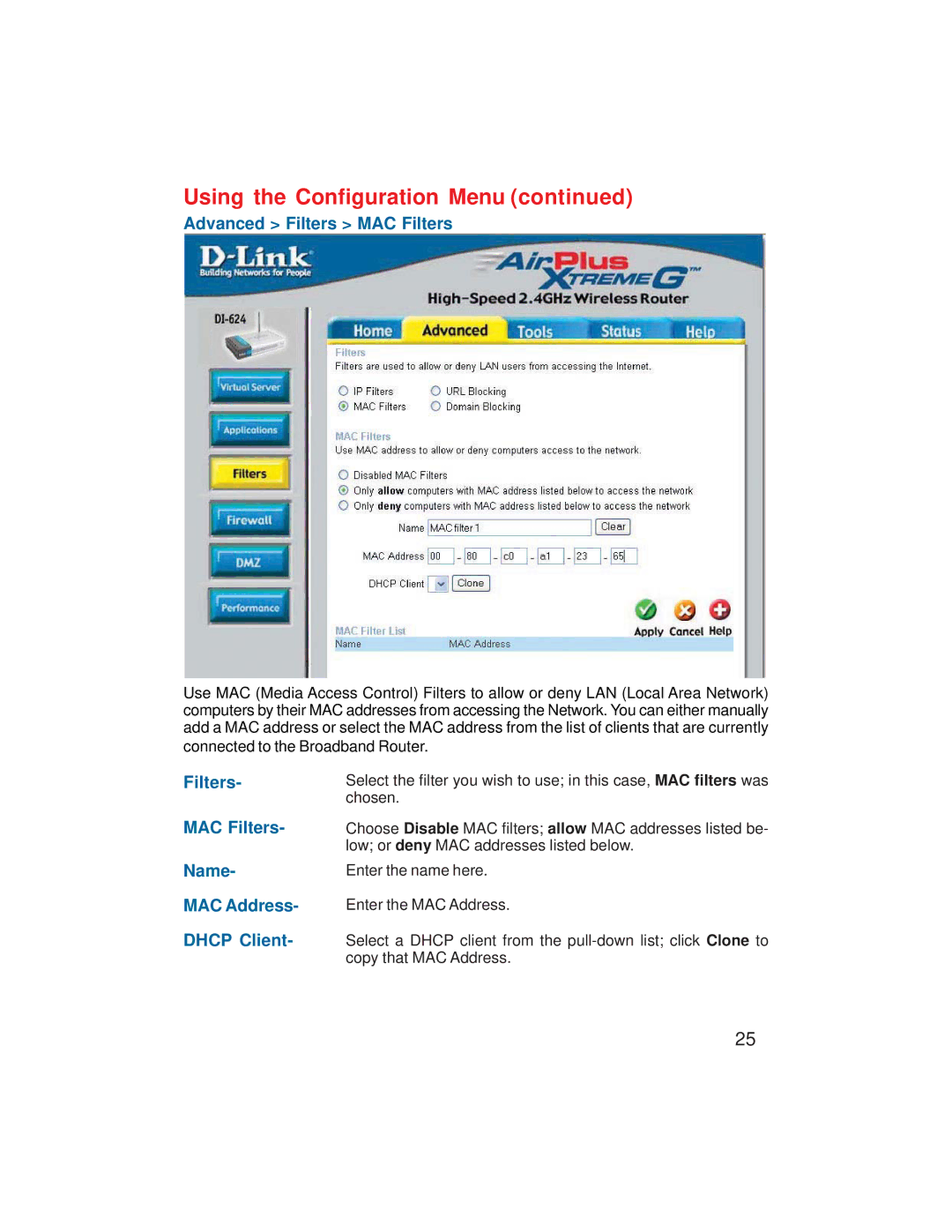 D-Link VDI-624 manual Advanced Filters MAC Filters 