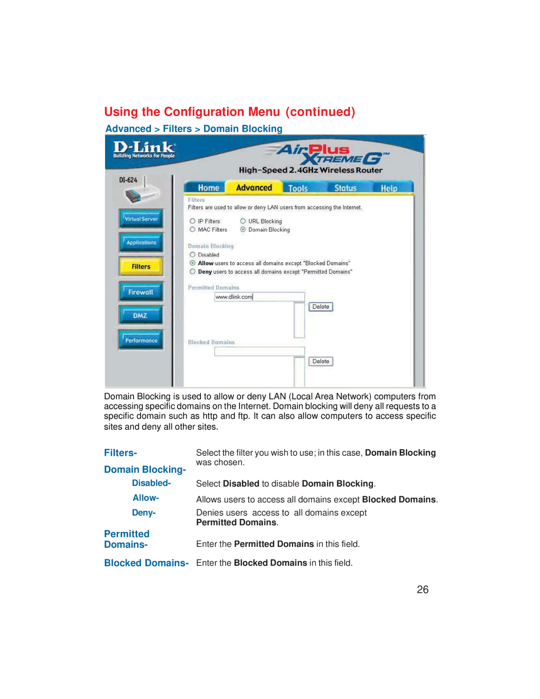 D-Link VDI-624 manual Advanced Filters Domain Blocking, Permitted Domains Blocked Domains 