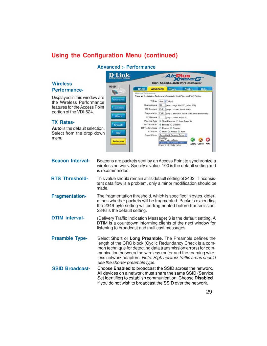 D-Link VDI-624 manual Advanced Performance Wireless, TX Rates 