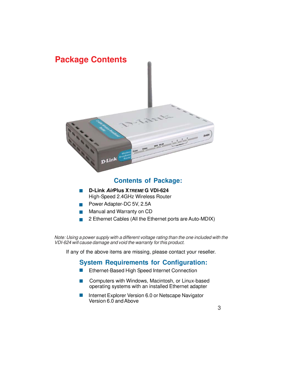 D-Link VDI-624 manual Package Contents 