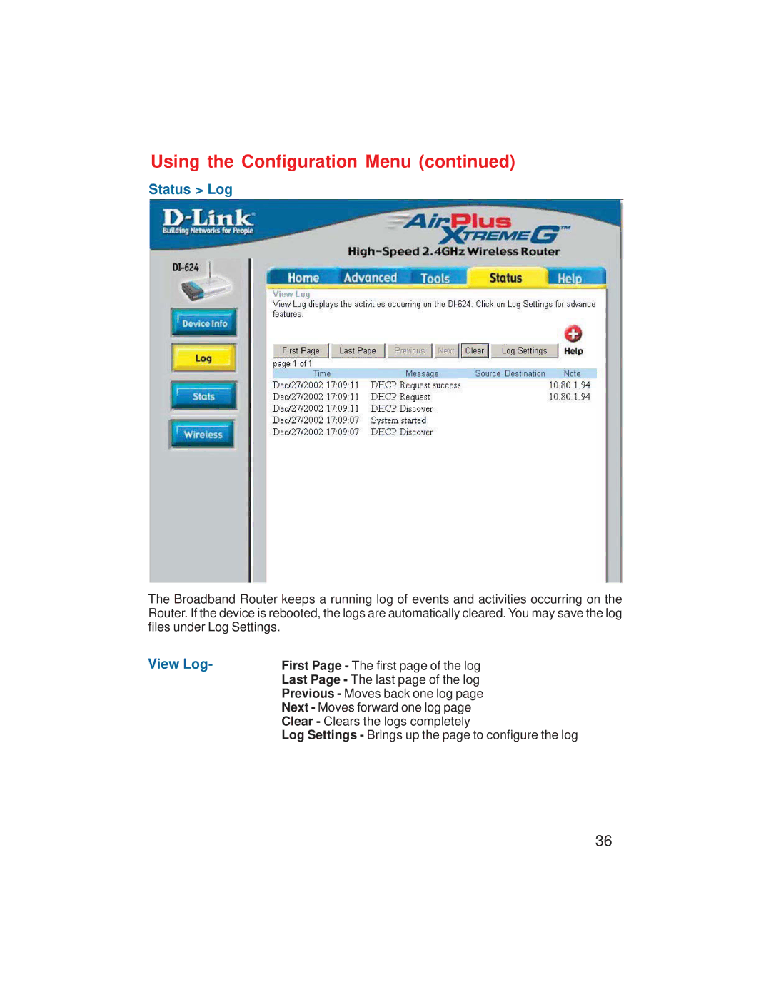 D-Link VDI-624 manual Status Log 