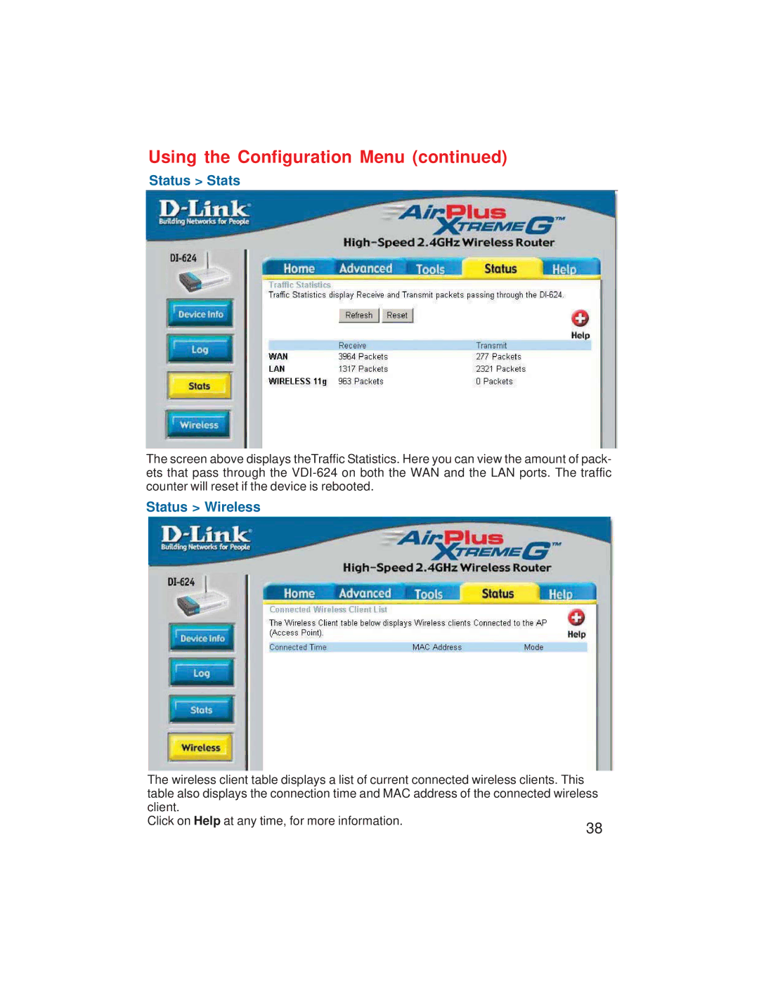 D-Link VDI-624 manual Status Stats, Status Wireless 