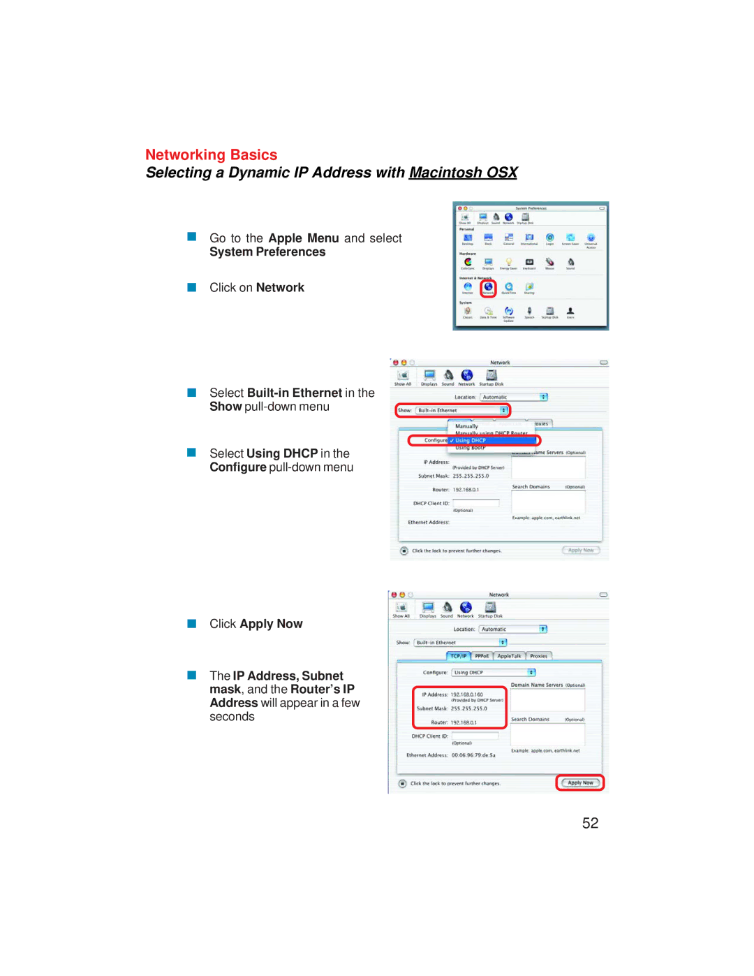 D-Link VDI-624 manual Selecting a Dynamic IP Address with Macintosh OSX 