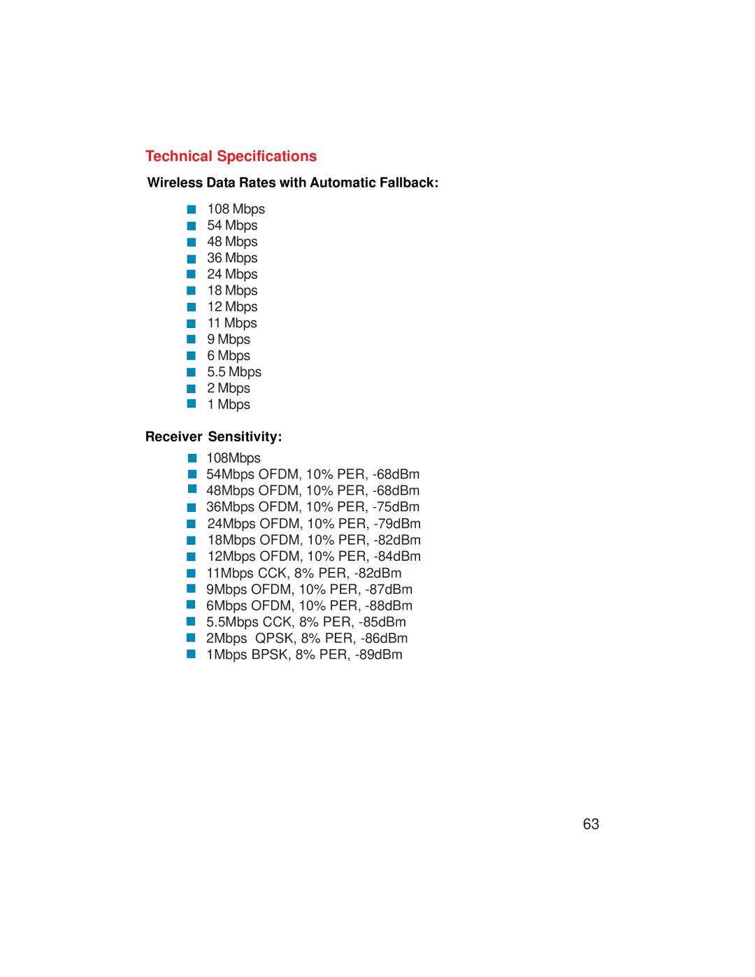 D-Link VDI-624 manual Wireless Data Rates with Automatic Fallback 