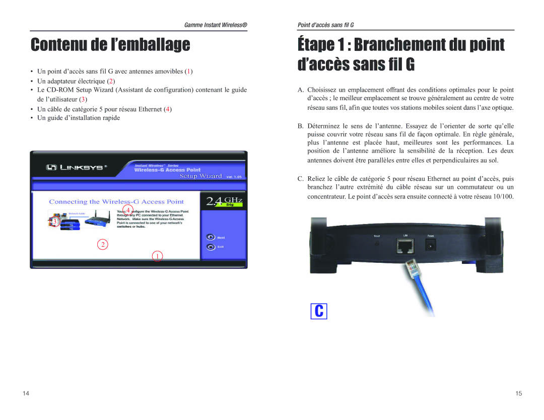 D-Link WAP54G manual Contenu de l’emballage, Étape 1 Branchement du point d’accès sans fil G 