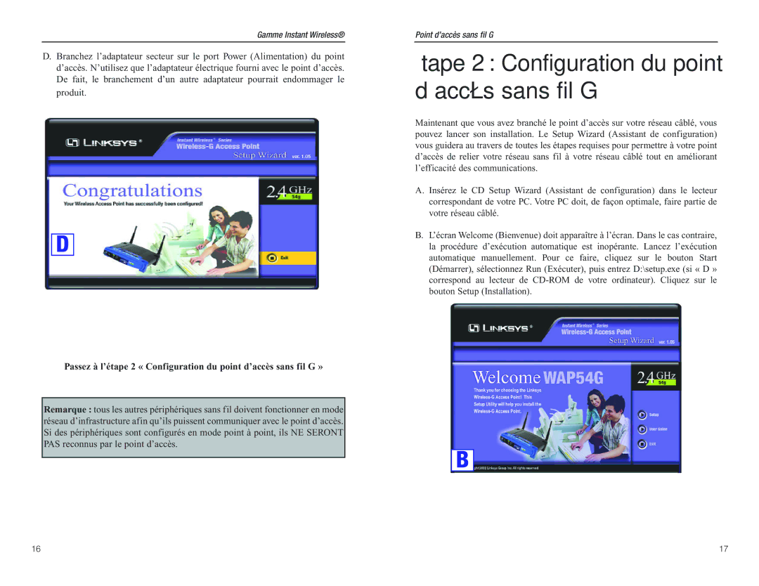 D-Link WAP54G manual Étape 2 Configuration du point d’accès sans fil G 