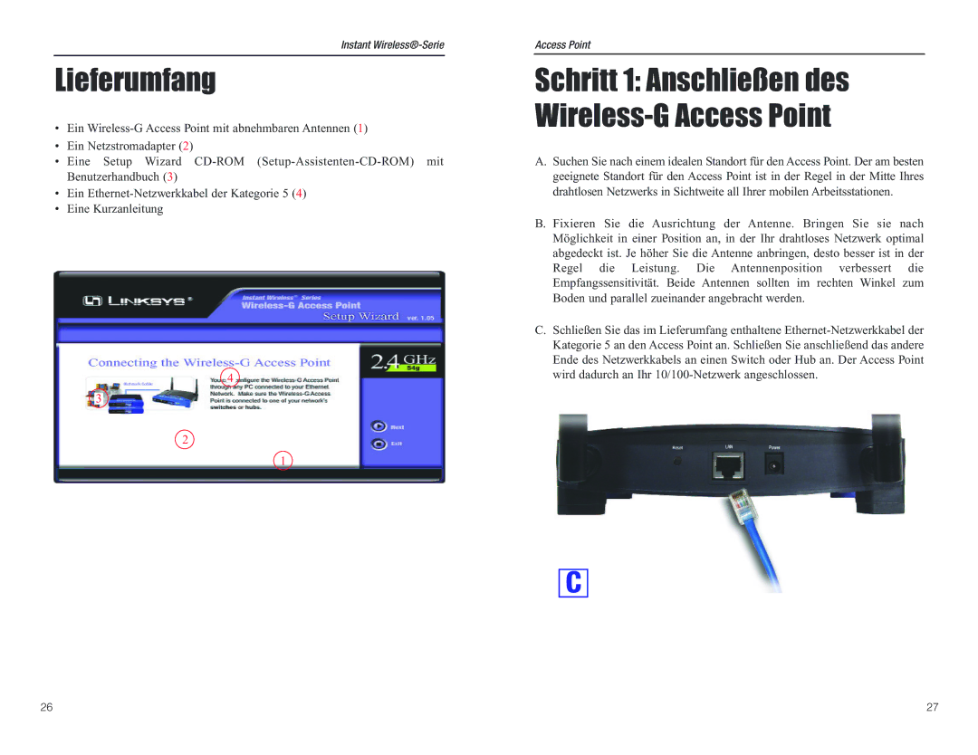 D-Link WAP54G manual Lieferumfang, Schritt 1 Anschließen des Wireless-G Access Point 