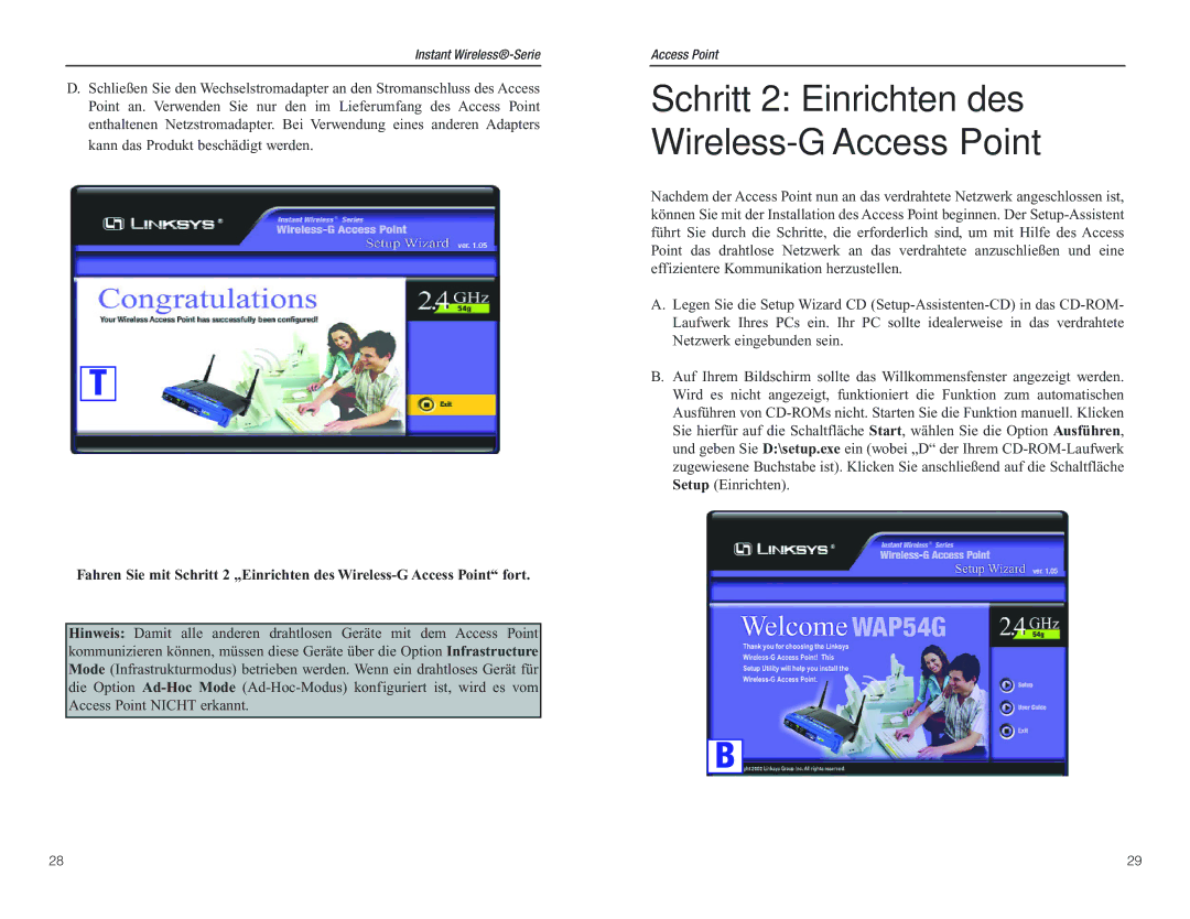 D-Link WAP54G manual Schritt 2 Einrichten des Wireless-G Access Point 