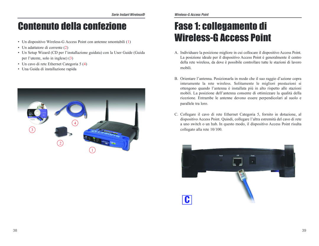 D-Link WAP54G manual Contenuto della confezione, Fase 1 collegamento di Wireless-G Access Point 