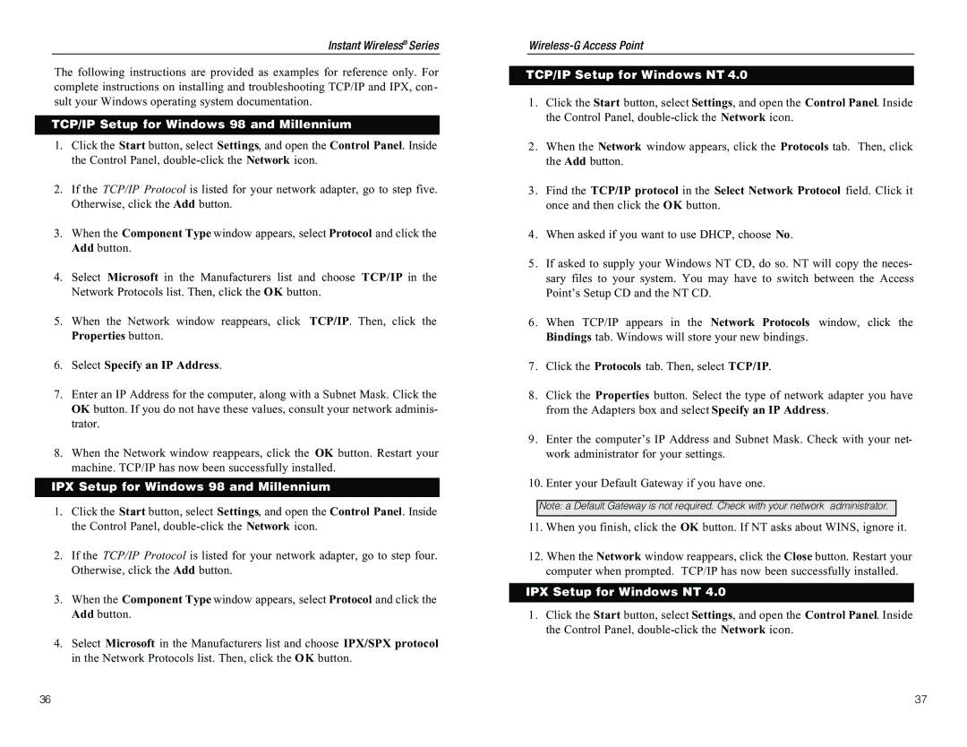 D-Link WAP54G manual TCP/IP Setup for Windows 98 and Millennium, IPX Setup for Windows 98 and Millennium 