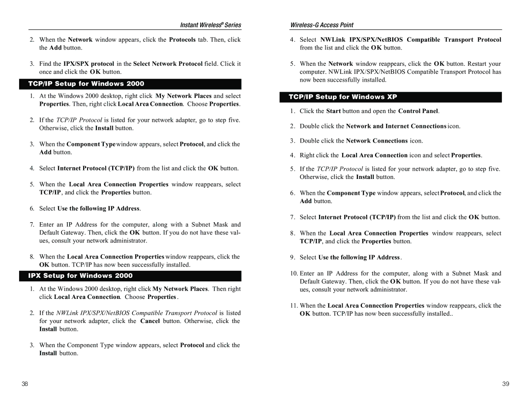 D-Link WAP54G manual IPX Setup for Windows, TCP/IP Setup for Windows XP 