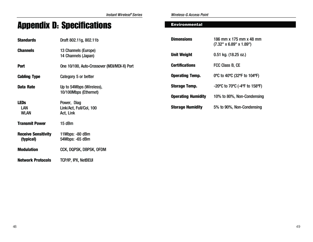 D-Link WAP54G manual Appendix D Specifications, Environmental 