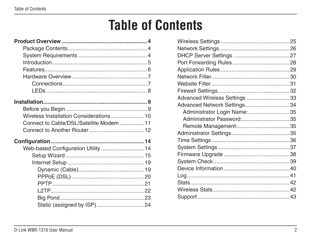 D-Link WBR-1310 manual Table of Contents 