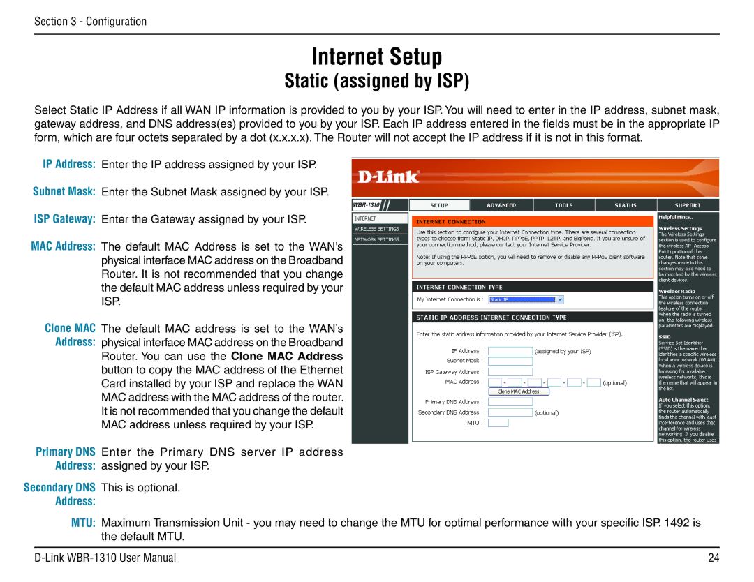 D-Link WBR-1310 manual Static assigned by ISP 