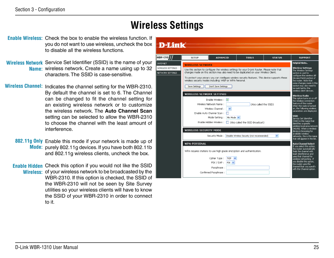 D-Link WBR-1310 manual Wireless Settings 