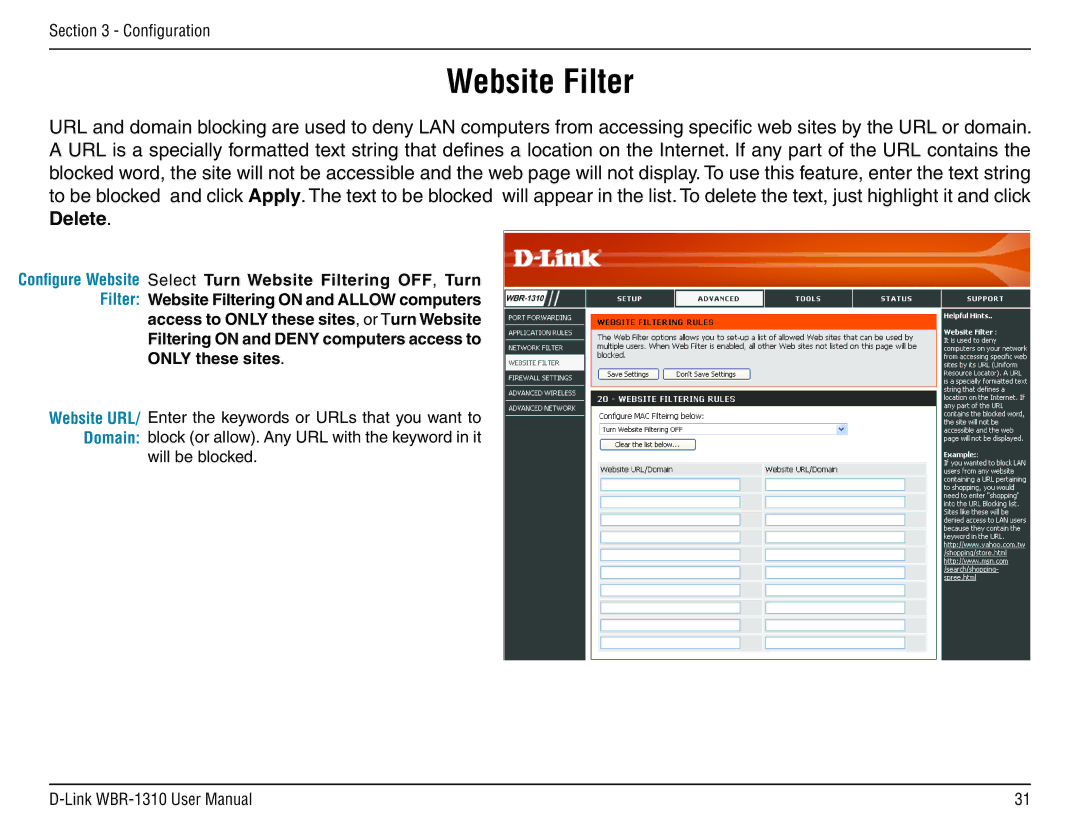 D-Link WBR-1310 manual Configure Website Select Turn Website Filtering OFF, Turn 