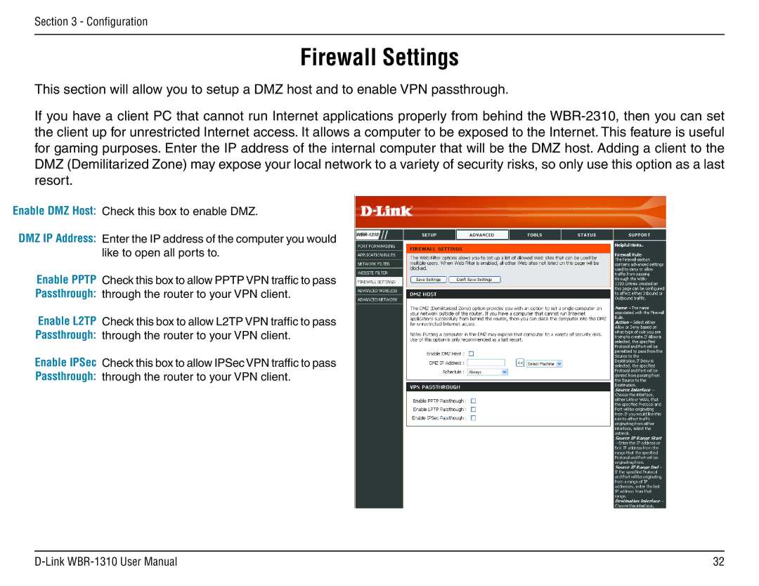 D-Link WBR-1310 manual Firewall Settings, Enable Pptp Passthrough Enable L2TP Enable IPSec 