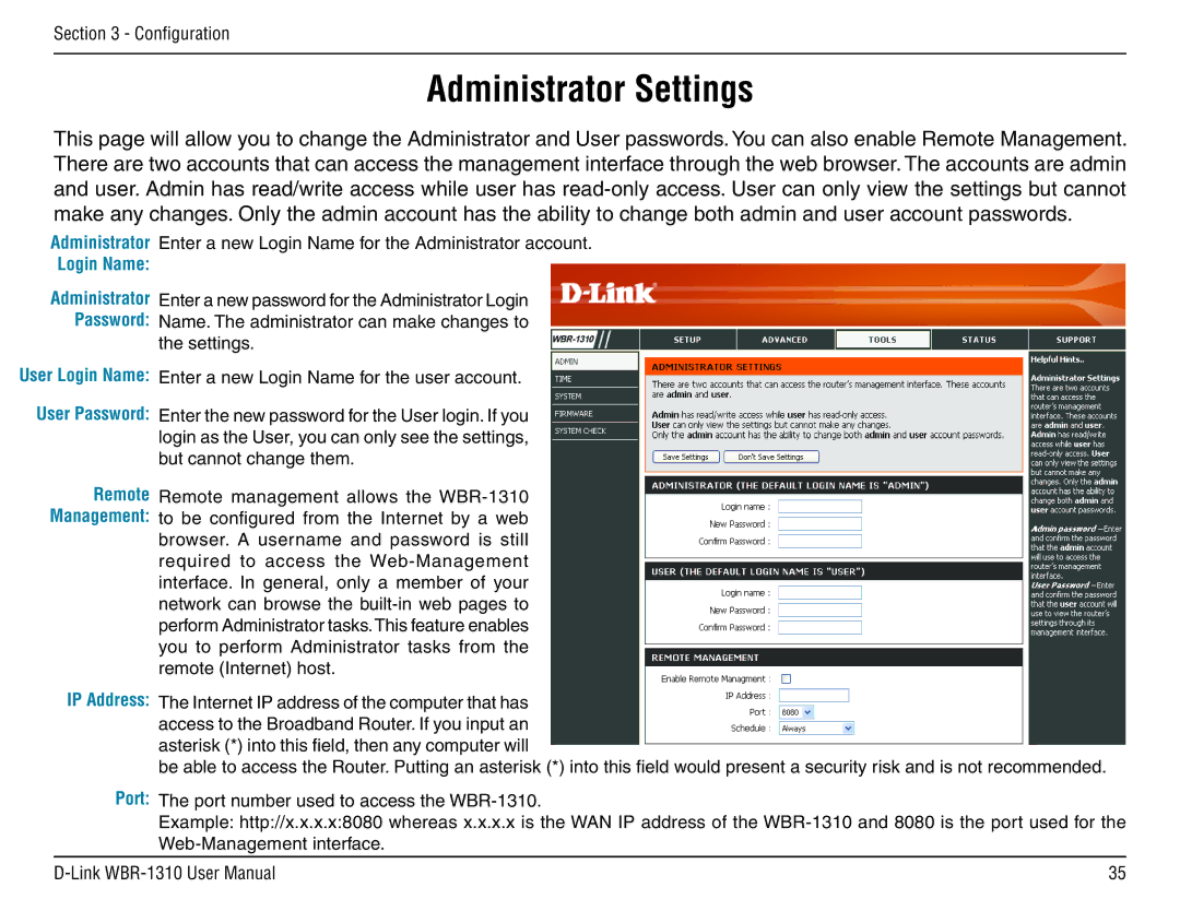 D-Link WBR-1310 manual Administrator Settings, IP Address Port 