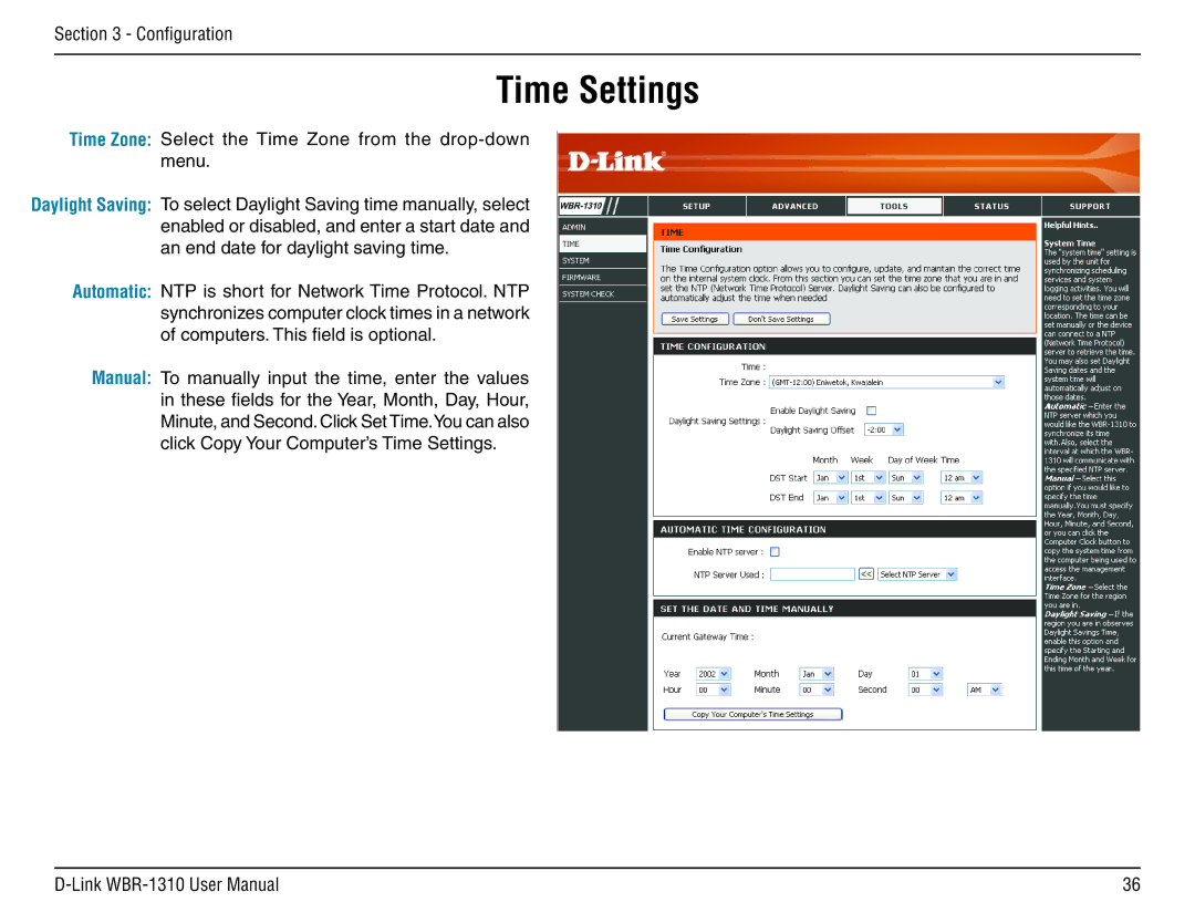 D-Link WBR-1310 manual Time Settings 