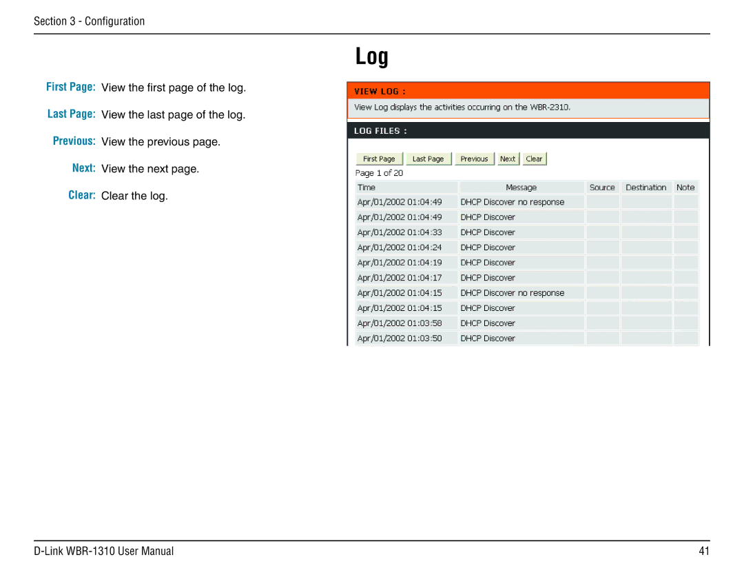 D-Link WBR-1310 manual Log 