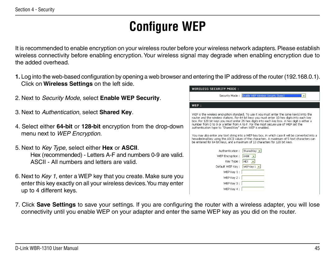 D-Link WBR-1310 manual Configure WEP, Next to Security Mode, select Enable WEP Security 