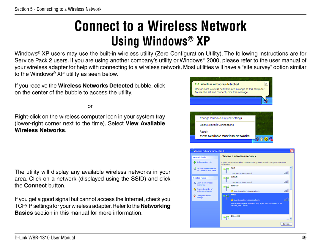 D-Link WBR-1310 manual Connect to a Wireless Network, Using Windows XP 