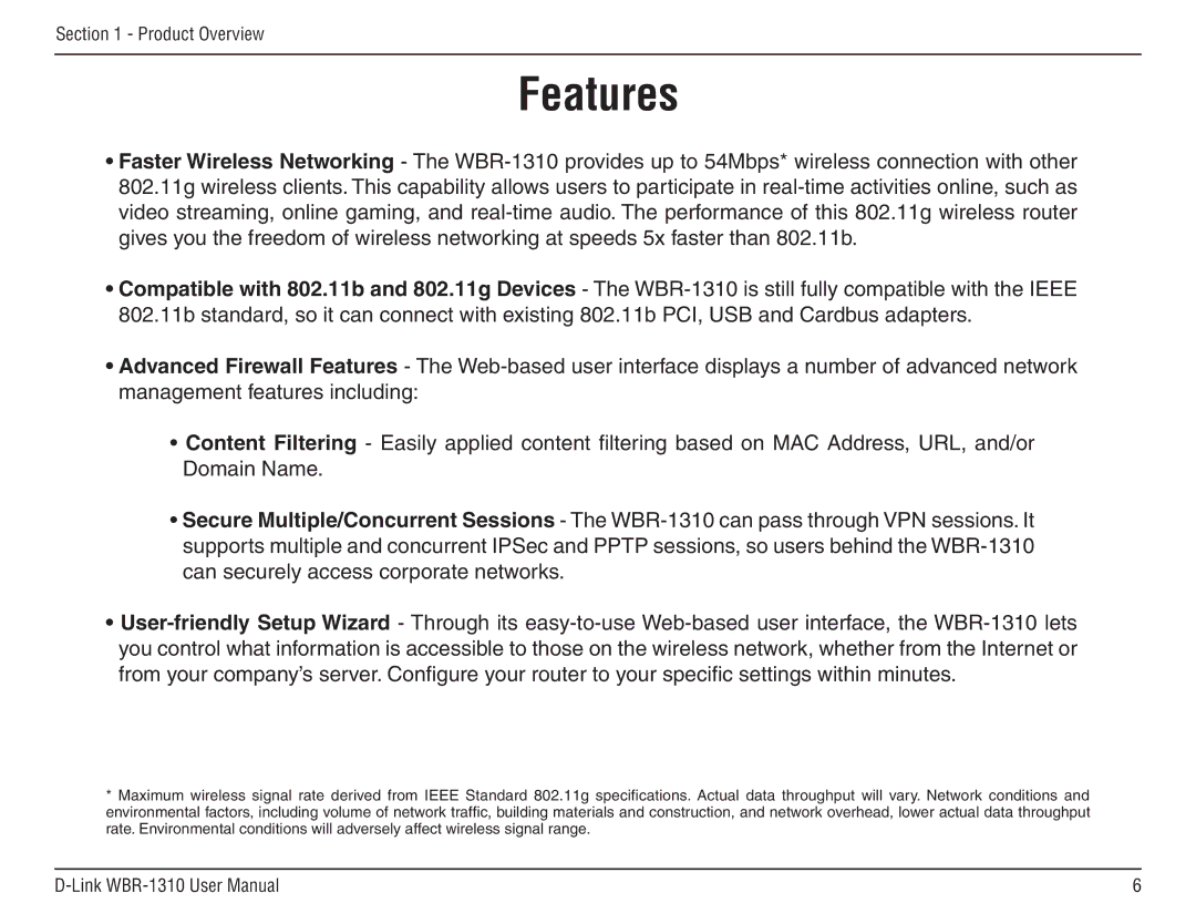 D-Link WBR-1310 manual Features 