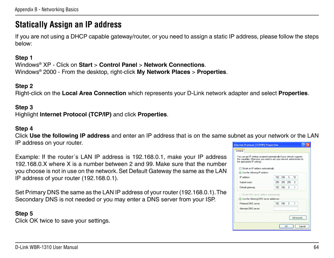 D-Link WBR-1310 manual Step Highlight Internet Protocol TCP/IP and click Properties 