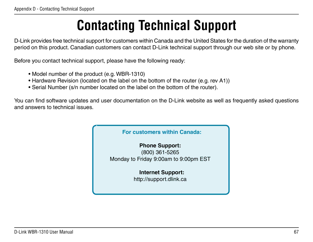 D-Link WBR-1310 manual Contacting Technical Support, Phone Support, Internet Support 