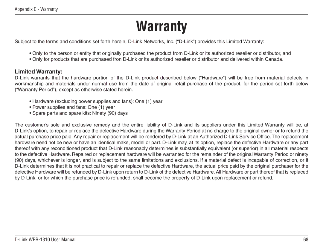 D-Link WBR-1310 manual Limited Warranty 