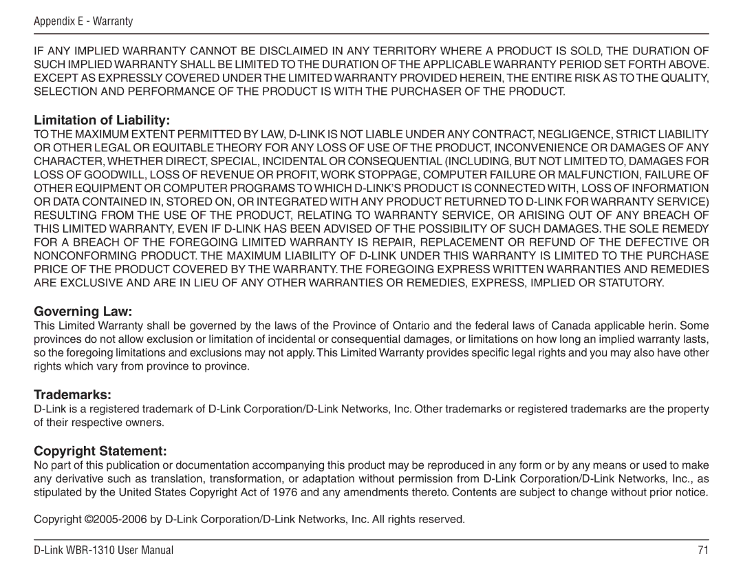 D-Link WBR-1310 manual Limitation of Liability, Governing Law, Trademarks, Copyright Statement 