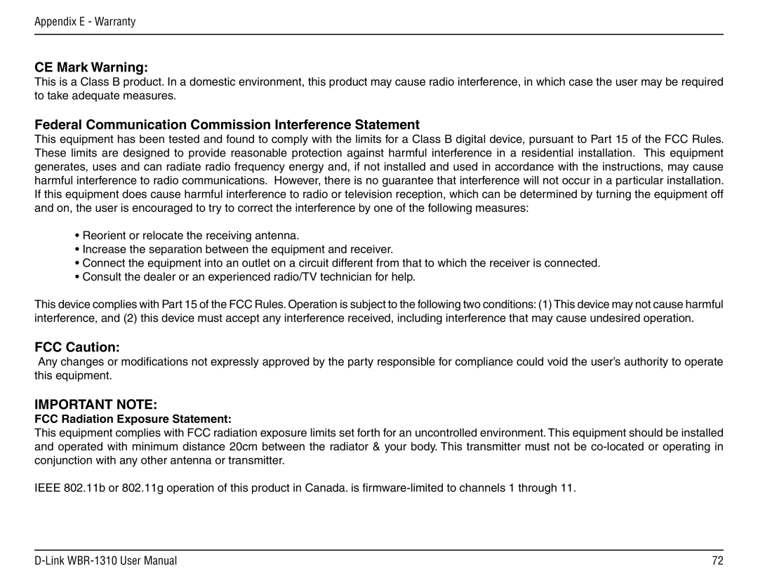 D-Link WBR-1310 manual CE Mark Warning, Federal Communication Commission Interference Statement, FCC Caution 