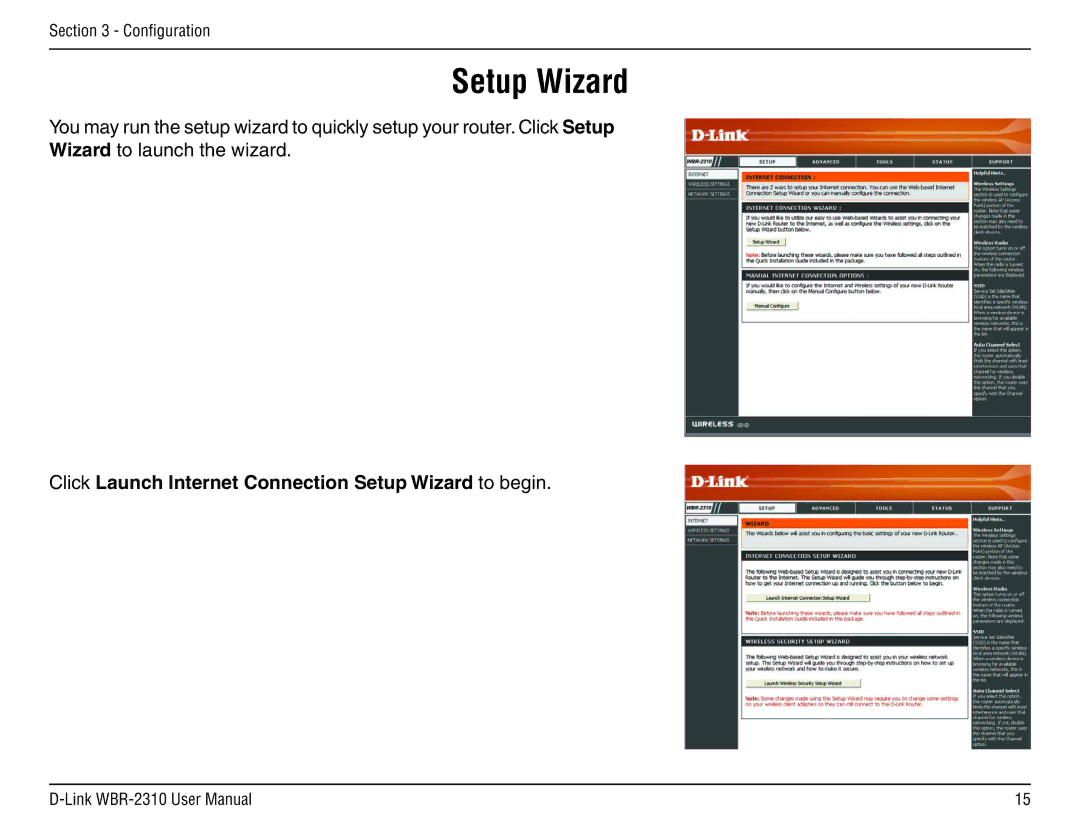 D-Link WBR-2310 manual Click Launch Internet Connection Setup Wizard to begin 