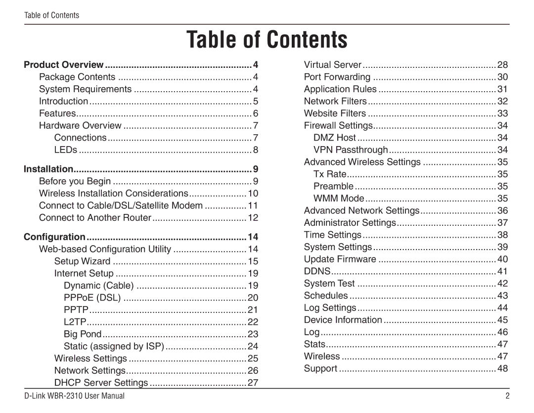 D-Link WBR-2310 manual Table of Contents 