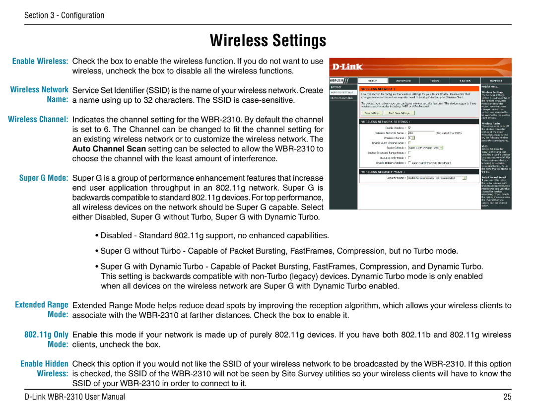 D-Link WBR-2310 manual Wireless Settings 