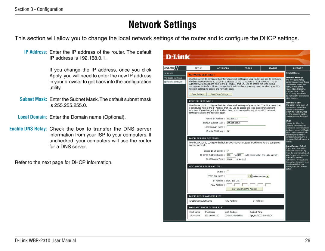 D-Link WBR-2310 manual Network Settings 