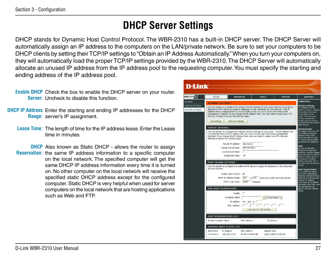 D-Link WBR-2310 manual Dhcp Server Settings 